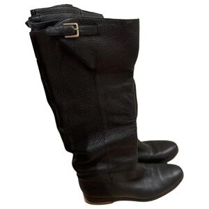 Burberry Ladies Black Leather Knee High Shoes Size 38 Italy Strap Buckle Gold